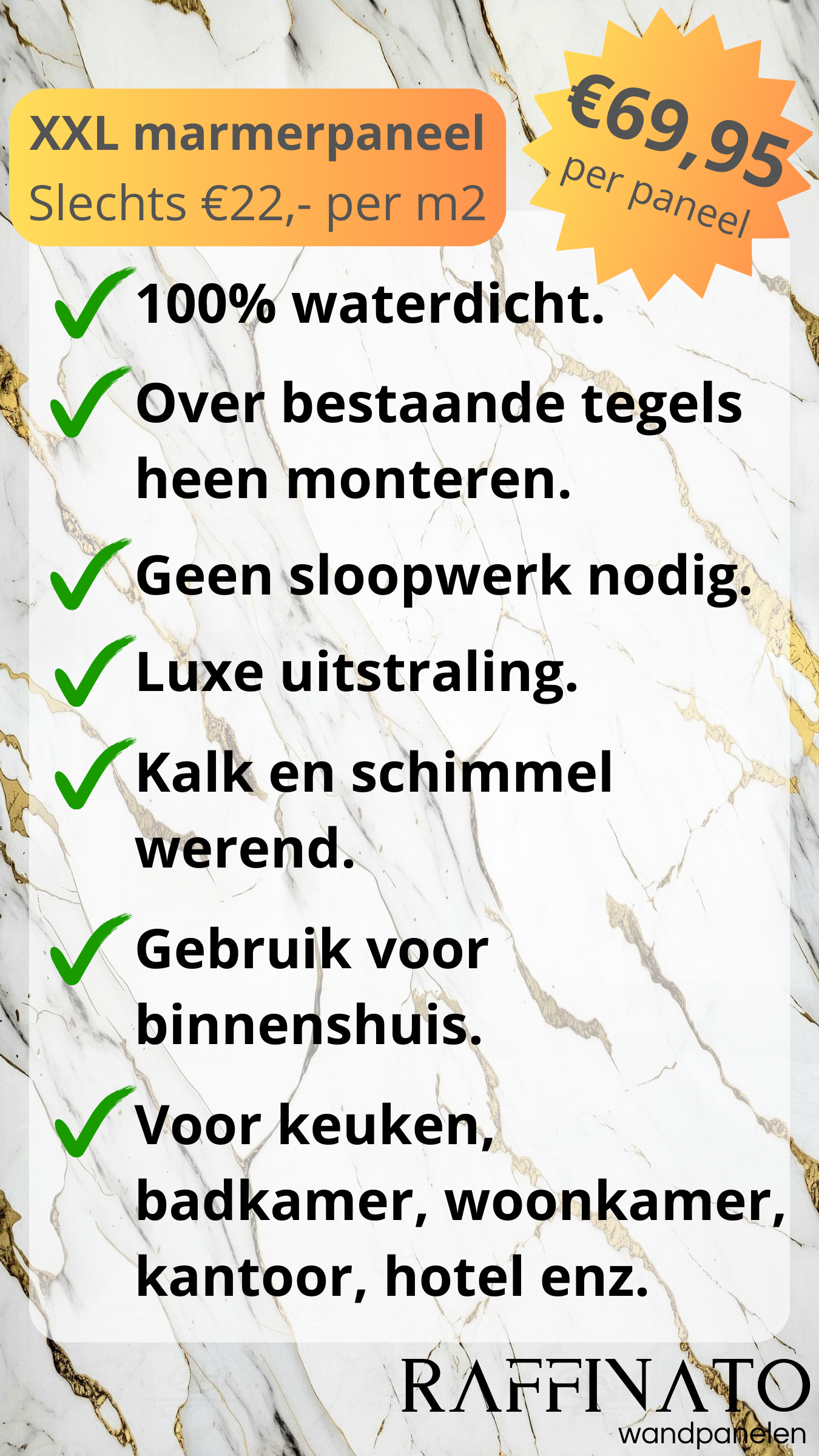 Raffinato Oro Bianco marmerlook PVC wandpaneel 260 x 122 cm